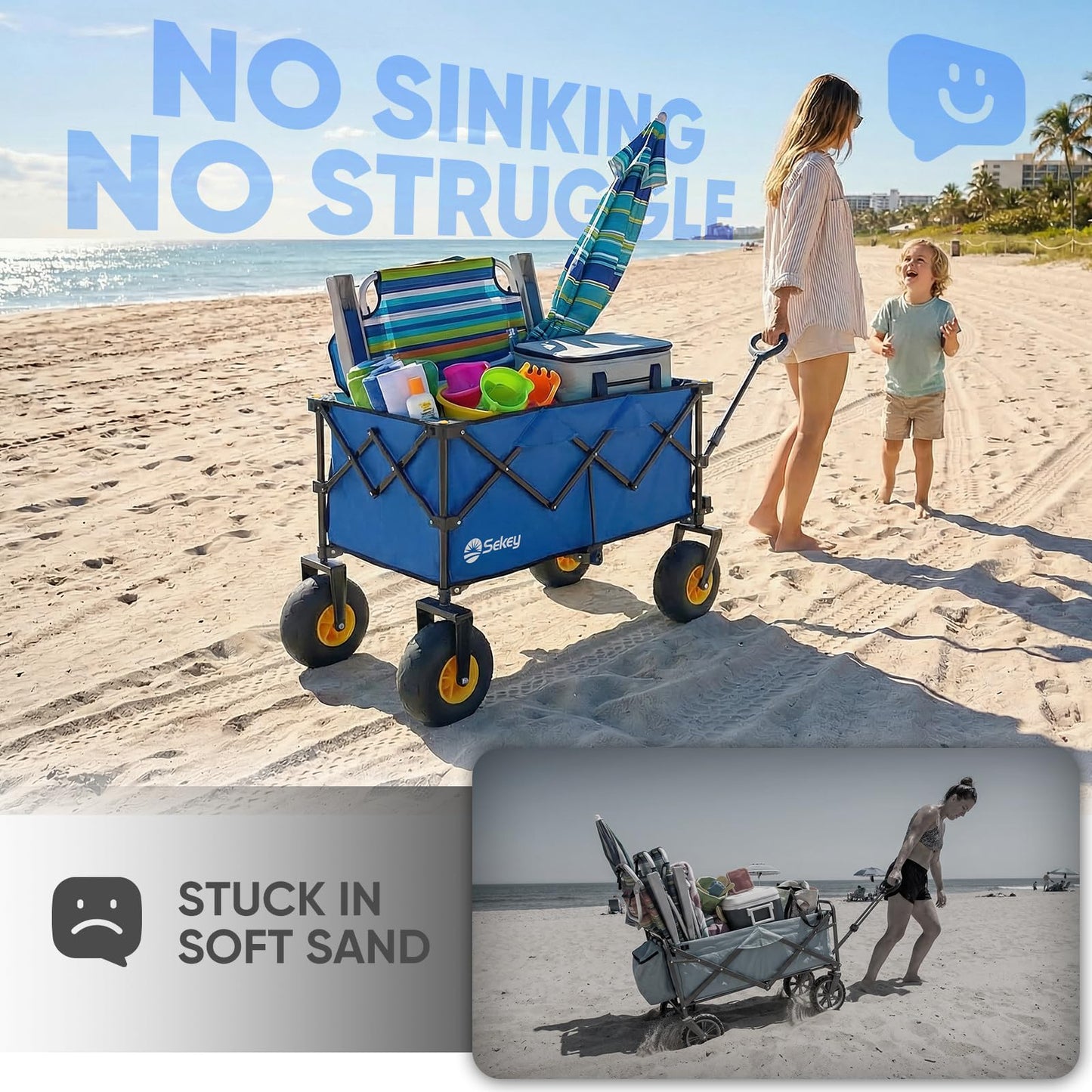 Sekey Heavy Duty Beach Wagon with 9" Big Sand-Proof Wheels – 600lb Capacity, 200L Oversized Foldable Cart | Adjustable Handle & All-Terrain Tires for Sand, Camping, Groceries