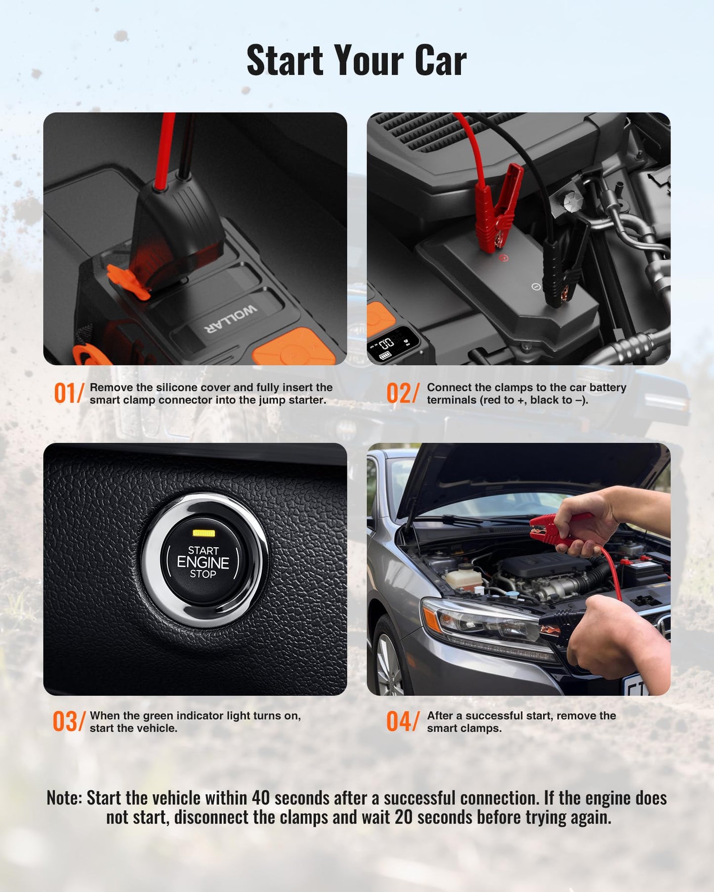 WOLLAR 4000A Peak Jump Starter with Dual-Cylinder Air Compressor - 5-in-1 Car Battery Jumper Starter, 12V Portable 160PSI Ultra-Fast Tire Inflator, 24000mAh 88.8Wh Jump Box for 10L Gas/Diesel Engines
