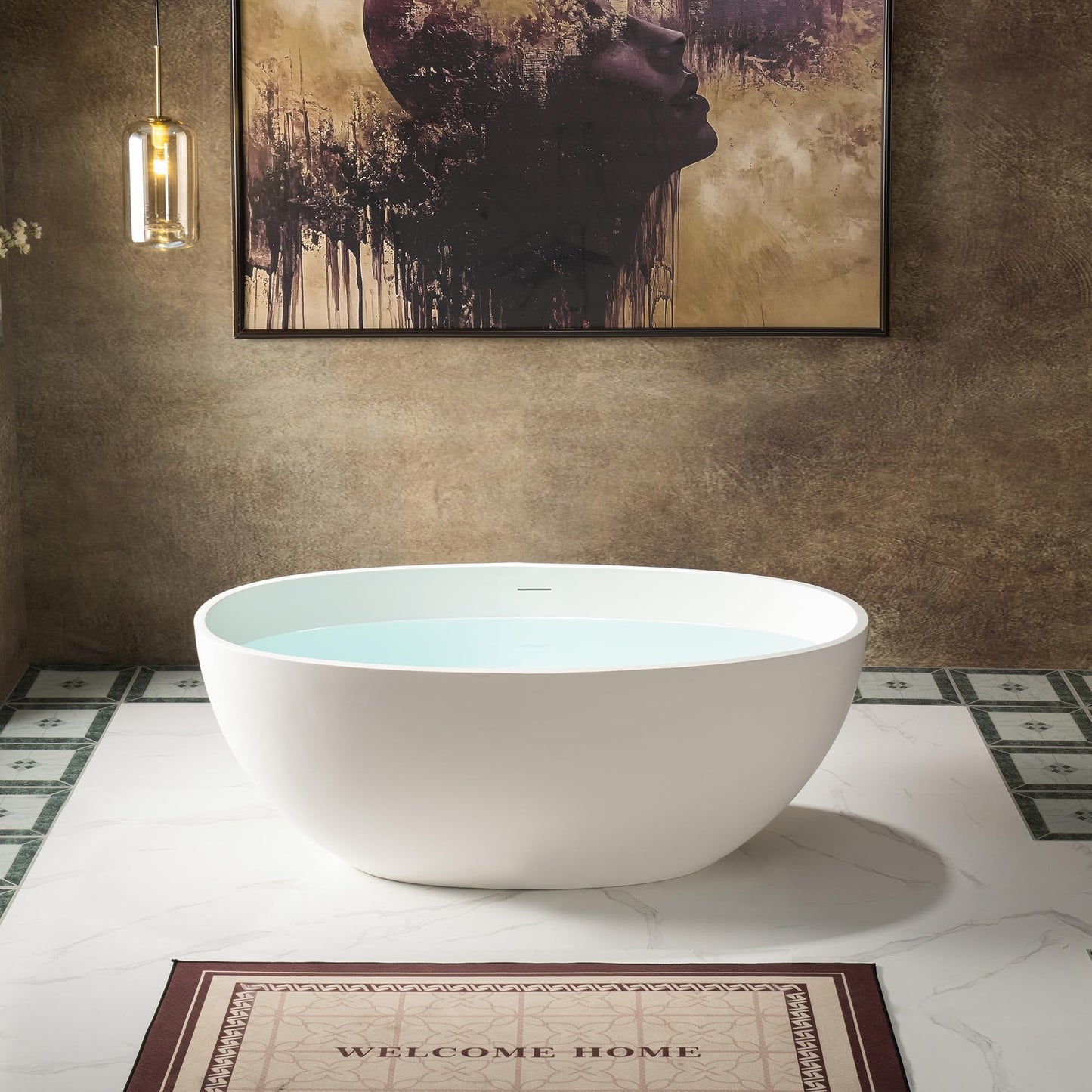 WOODBRIDGE 55 Stone Resin Freestanding Soaking Tub, Modern Oval Solid Surface Bathtub with Integrated Slotted Overflow & Drain, Matte White, B0043
