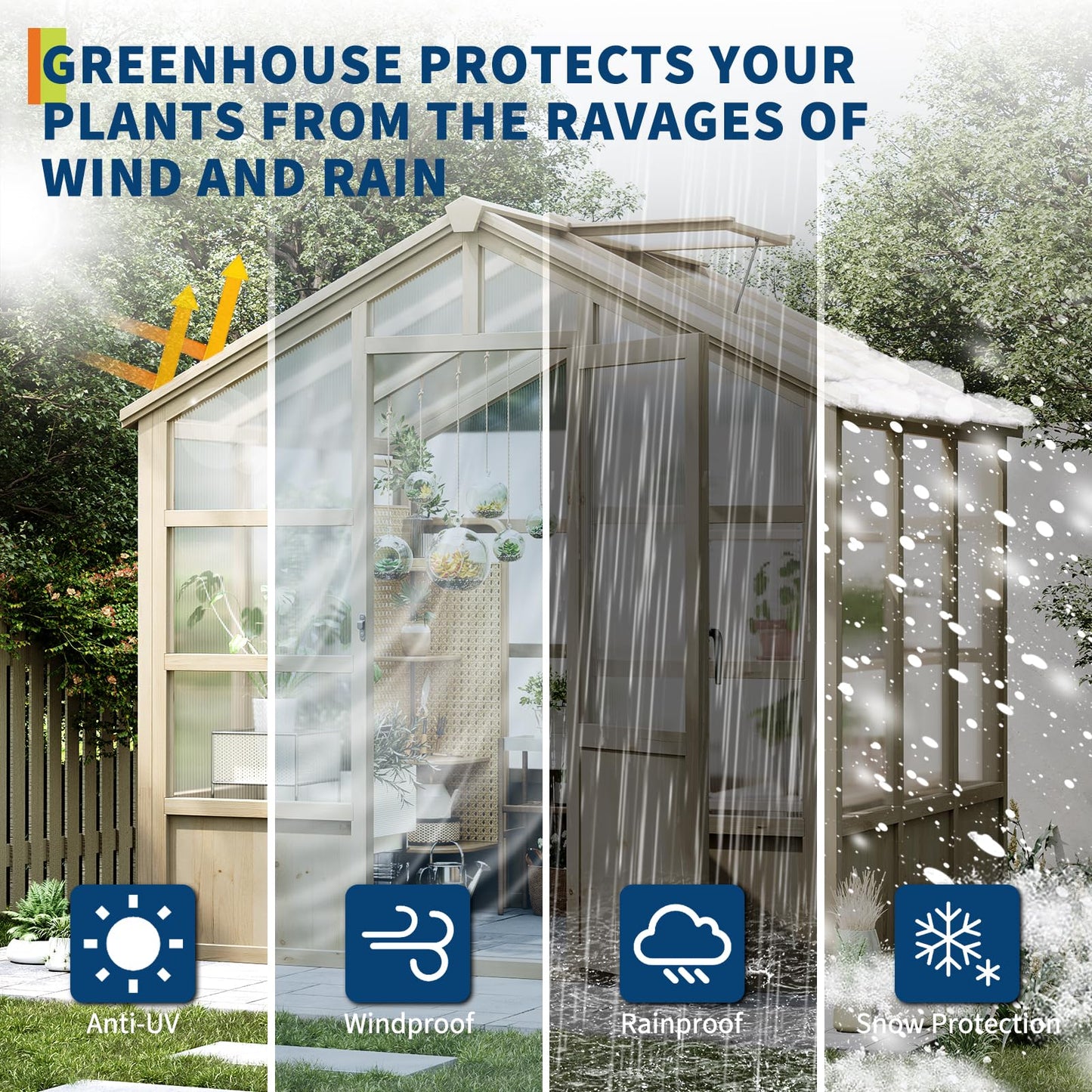 6x8FT Greenhouses for Outdoors, Wooden Greenhouse with Lockable Door, Wood Frame & Adjustable Vent, Polycarbonate Panel Heavy Duty Greenhouse for Outside, Garden, Yard, Light Brown
