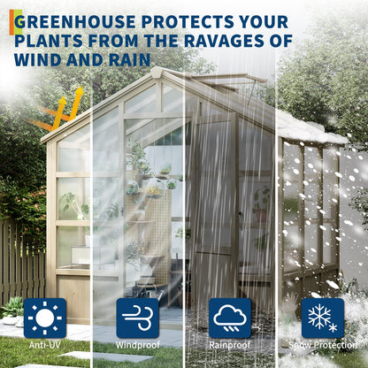 6x8FT Greenhouses for Outdoors, Wooden Greenhouse with Lockable Door, Wood Frame & Adjustable Vent, Polycarbonate Panel Heavy Duty Greenhouse for Outside, Garden, Yard, Light Brown