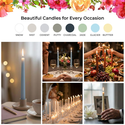 Mist Gray Taper Candles 10 Inch Dripless - Box of 12 Unscented Candlesticks, Smokeless Paraffin Free Candle Tapers with Cotton Wick, Indoor & Outdoor Use. Wedding Candles Taper Candles.