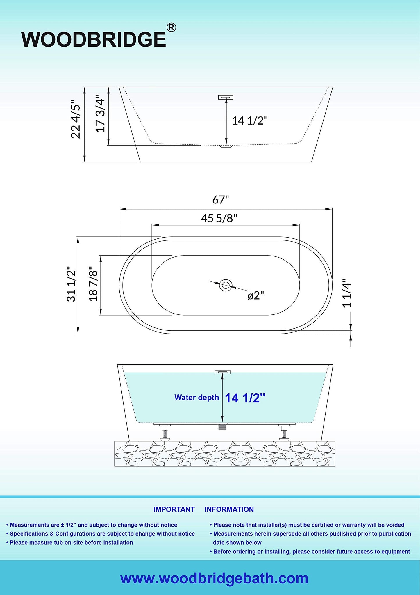 WOODBRIDGE 67" Acrylic Freestanding Bathtub Contemporary Soaking White Tub with Brushed Gold Overflow and Drain，B0013-BG