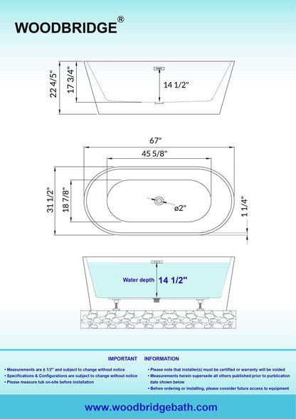WOODBRIDGE 67" Freestanding Acylic Soaking Bathtub with White, Drain and Overflow inMatte, BTA1513-MB-Drain &O+ Pillow, Matte Black