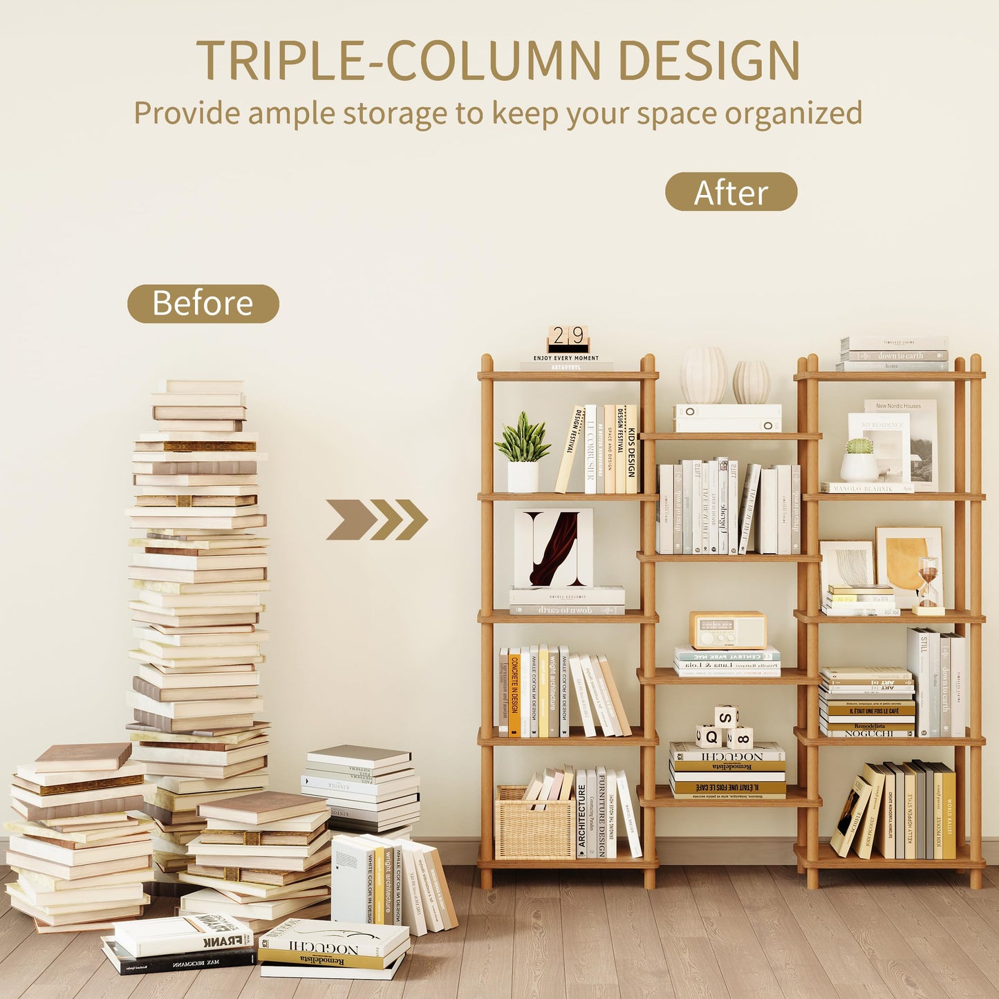 IOTXY Wooden Triple Wide Bookshelf - 5-Tier Large Shelf Bookcase with Solid Beech Frame, Tall Freestanding Open Etagere Display Rack for Home Office, Oak