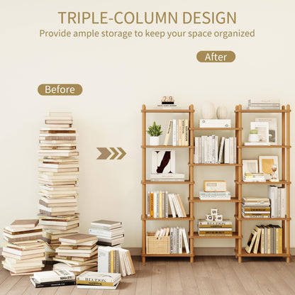 IOTXY Wooden Triple Wide Bookshelf - 5-Tier Large Shelf Bookcase with Solid Beech Frame, Tall Freestanding Open Etagere Display Rack for Home Office, Oak
