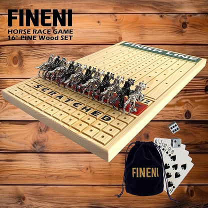 Horse Racing Game for Adults Luxurious Metal Horses (Silver Black) on 16' Pine Wood Board Dice &amp Card Included
