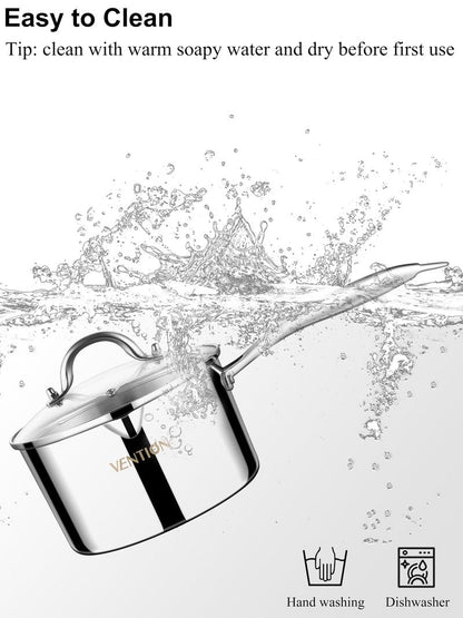VENTION Tri-Ply Stainless Steel 1 Quart Saucepan with Lid, Bright Small Sauce Pan with Pour Spout, Small Pots for Cooking
