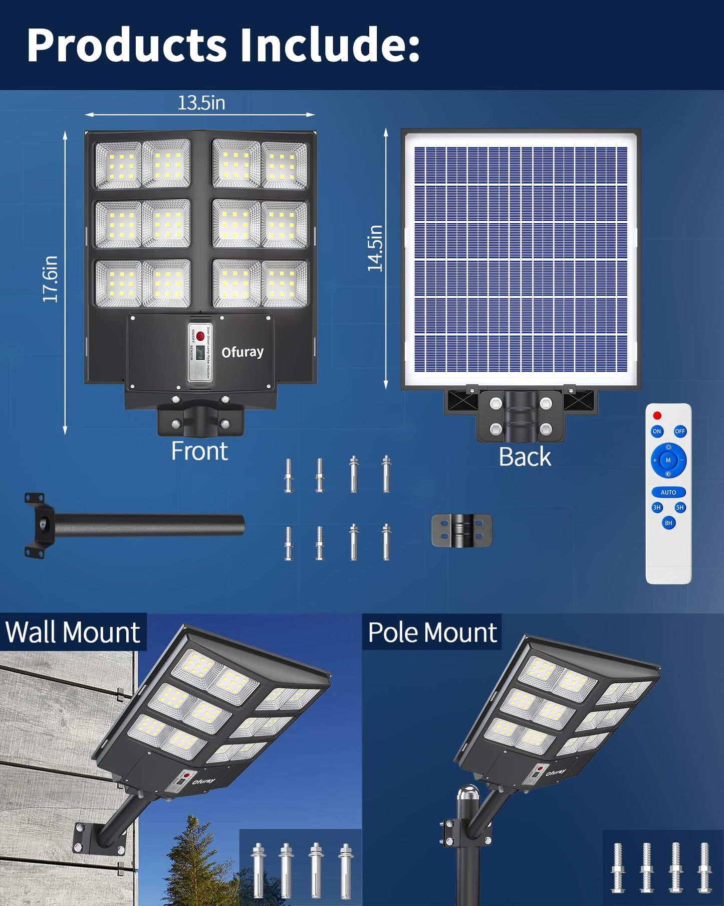 Ofuray Solar Street Lights Outdoor,Solar Security Flood Lights Parking Lot Lights Commercial Dusk to Dawn, 6500k Waterproof Led with Remote Control Motion for Street,Court,Barn (Of-800W 80000Lm)