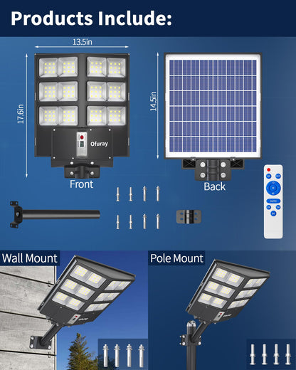 Ofuray Solar Street Lights Outdoor,Solar Security Flood Lights Parking Lot Lights Commercial Dusk to Dawn, 6500k Waterproof Led with Remote Control Motion for Street,Court,Barn (Of-800W 80000Lm)