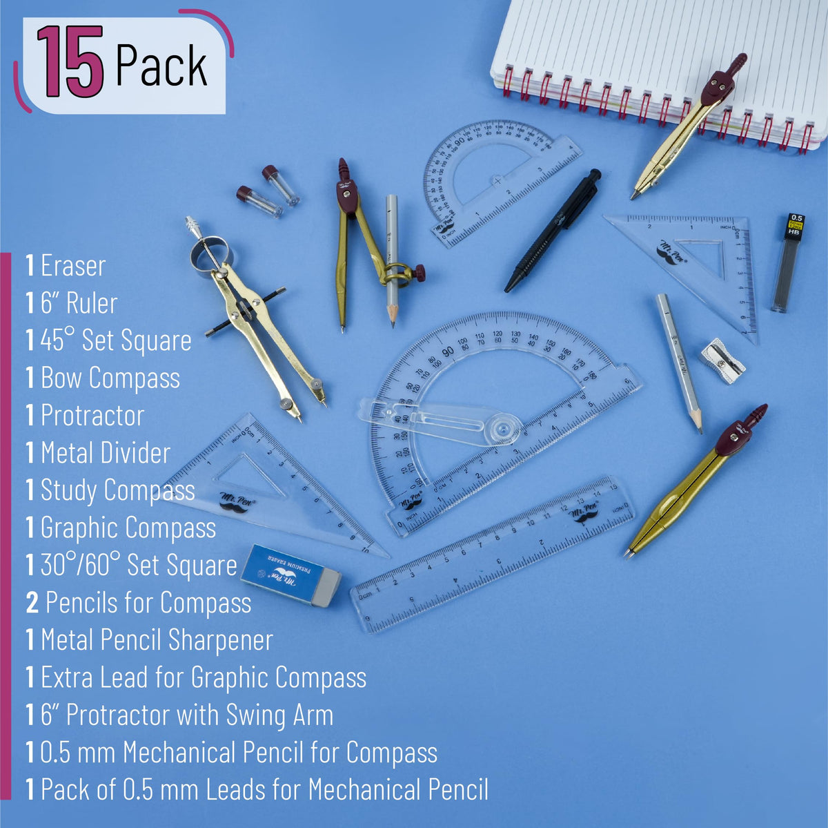 Mr. Pen- Geometry Set, 15 pcs, Gold, 6 Inch Swing Arm Protractor, Divider, Set Squares, Ruler, Compasses and Protractor