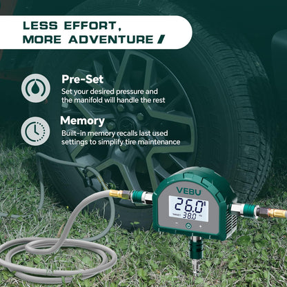 VEBU 4 Tire Inflation System, Auto Shut Off 4 Way Tire Inflation & Deflation Hose Kit with Preset Memory & Digital Display，Works with Your Air Compressor for Trucks, SUVs, RVs