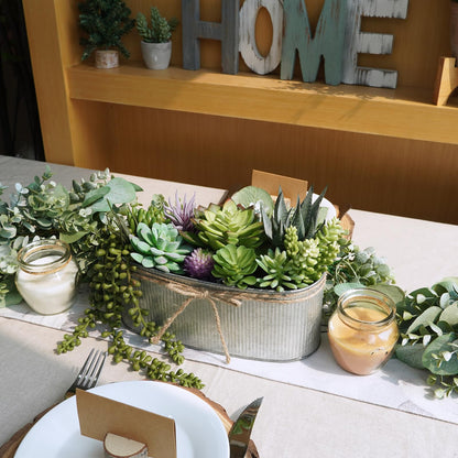 Winlyn 10" Artificial Succulent Arrangement Centerpiece Fake Succulent Plants in Rustic Metal Oval Planter Faux Potted Succulents for Home Office Bedroom Table Windowsill Shelf Mantel Decor