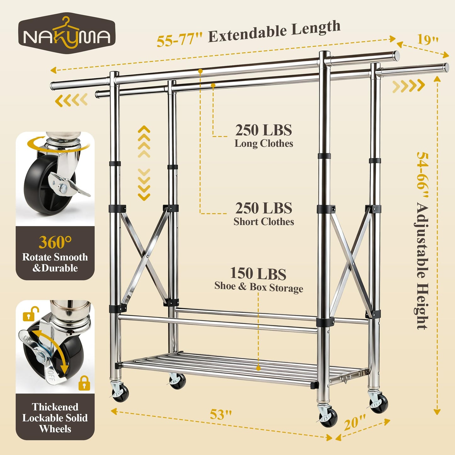 Nakyma Heavy Duty Clothes Rack Load 650 LBS, Double Rod Clothing Racks for Hanging Clothes, Foldable Garment Rack with Lockable Wheels, Portable Rolling Clothing Rack for Bedroom Laundry Living Room
