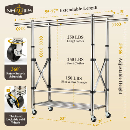 Nakyma Heavy Duty Clothes Rack Load 650 LBS, Double Rod Clothing Racks for Hanging Clothes, Foldable Garment Rack with Lockable Wheels, Portable Rolling Clothing Rack for Bedroom Laundry Living Room