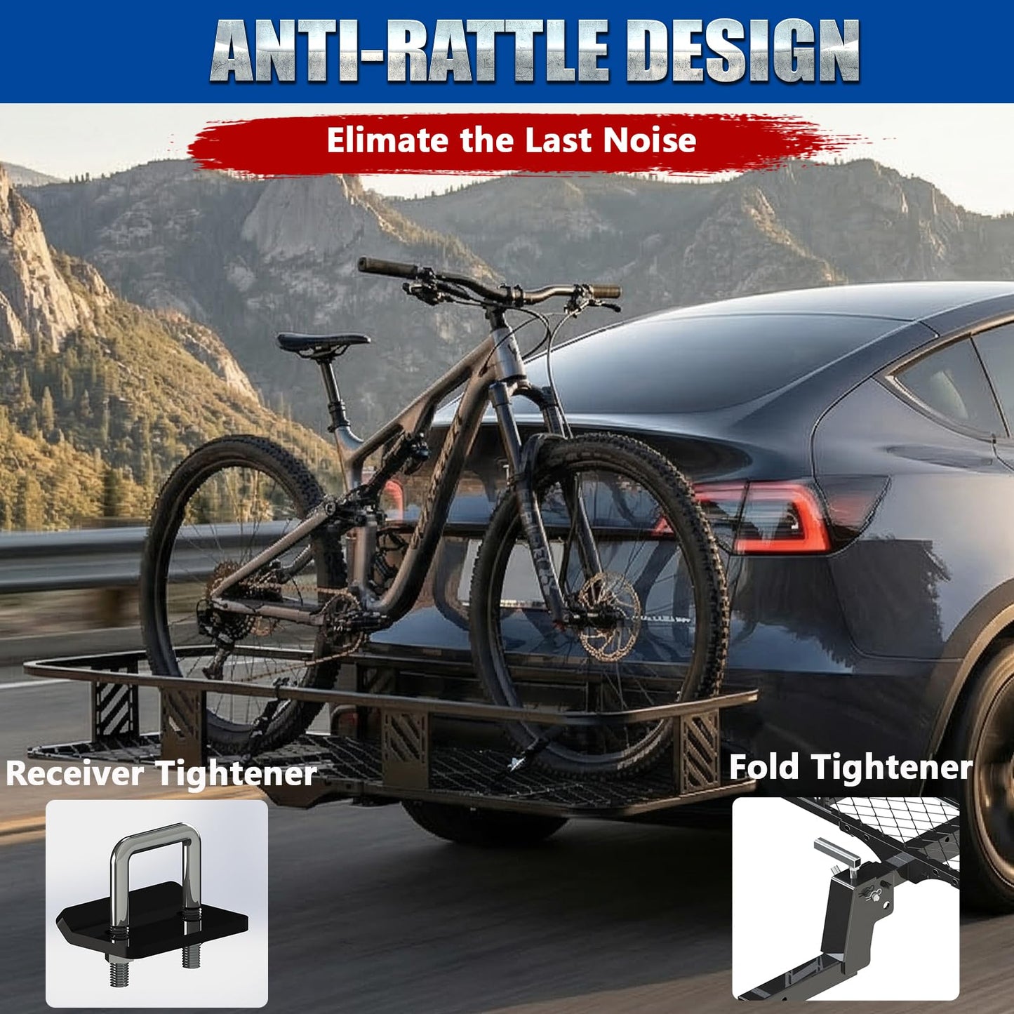 Foldable Hitch Mount Cargo Carrier Basket 56" X 24" X 7" for 2 Inch Hitches Receiver, 500 Lbs Capacity, Easy Folding，Hitch & Arm Tightener Anti Rattle, Trailer Pin Lock