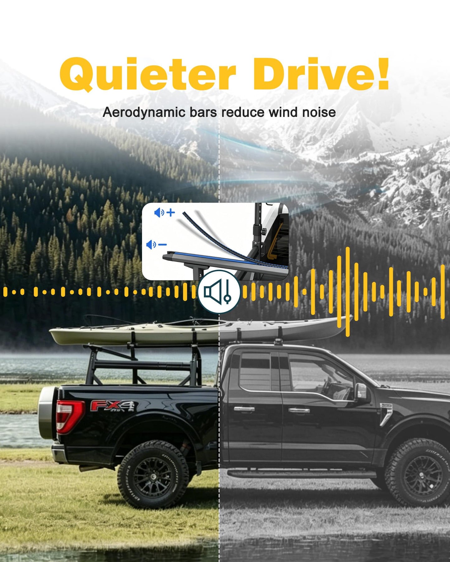 Adjustable Aluminum Truck Ladder Rack - Fits Ford F-150, Dodge Ram & Chevy Silverado, 800lbs Dynamic / 1000lbs Static Load, Tool-Free Non-Drilling Installation, Micro-Inward Tilt for Stable Cargo