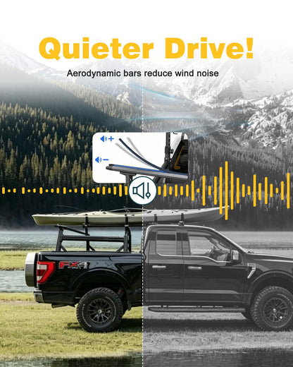 Adjustable Aluminum Truck Ladder Rack - Fits Ford F-150, Dodge Ram & Chevy Silverado, 800lbs Dynamic / 1000lbs Static Load, Tool-Free Non-Drilling Installation, Micro-Inward Tilt for Stable Cargo