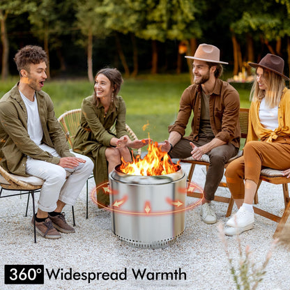 27" Smokeless Fire Pit, Portable Stainless Steel Firepit for Camping, Backyard, Beach,360° Airflow Wood Burning Outdoor Fireplace with Stand & Removable Ash Pan