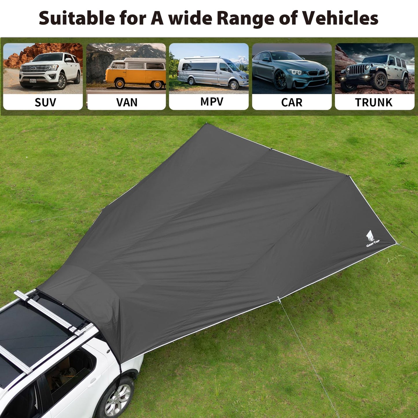 GEERTOP Large Camping Tarp Shelter SUV Tailgate Car Awning Canopy Waterproof Lightweight Outdoor Rear Vehicle Sun Shade for Van, MPV, Campers