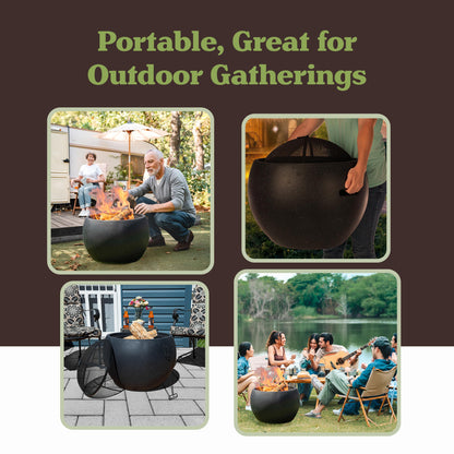 Outdoor Fire Pit - 24” Round Faux Concrete Firepit - Wood Burning Fire Pit with Poker, Screen, Cover - Wood Fire Pits for Outside Patio by Pure Garden