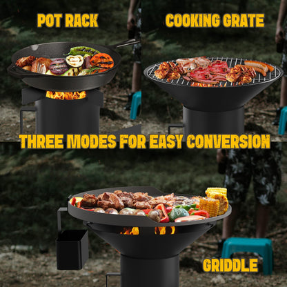 ONLYFIRE GRILLS 3-in-1 Camp Rocket Stove Kit with BBQ Grate, Griddle, Pot Rack, Portable Wood Burning Stove with Detachable Stand, Camping Gear for Outdoor Cooking Patio Barbecue RV Tailgating, GS345