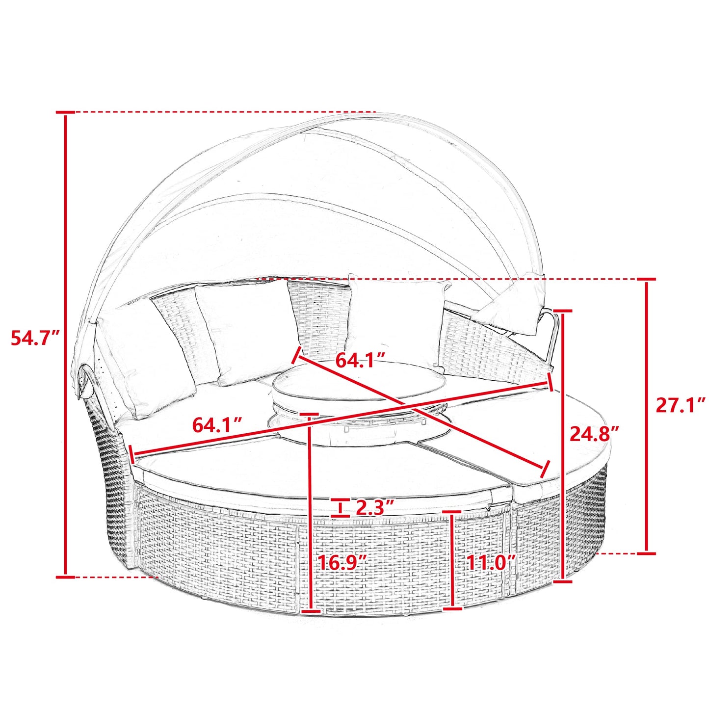GDFStudio Outdoor Rattan Round Daybed with Canopy, Patio Wicker Lounge Bed with Lift-Top Coffee Table, Clamshell Sectional Seating Sofa Bed with Cushions & Pillows for Garden, Poolside, Beige