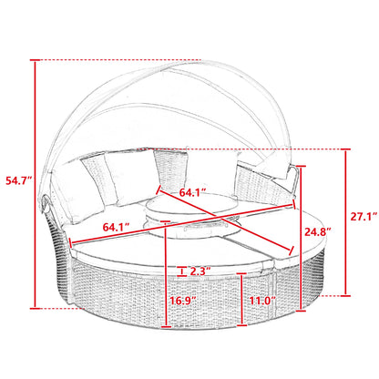 GDFStudio Outdoor Rattan Round Daybed with Canopy, Patio Wicker Lounge Bed with Lift-Top Coffee Table, Clamshell Sectional Seating Sofa Bed with Cushions & Pillows for Garden, Poolside, Beige