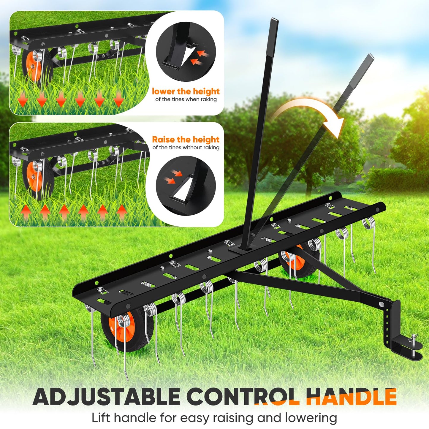 AugFir 48-Inch Tow Behind Dethatcher, Pull Behind Lawn Dethatcher with 20 Spring Steel Tines, Lawn Sweeper Garden Aerator Grass Tractor Rake, Adjustable Hitch Riding Lawn Mower Tractor Attachment