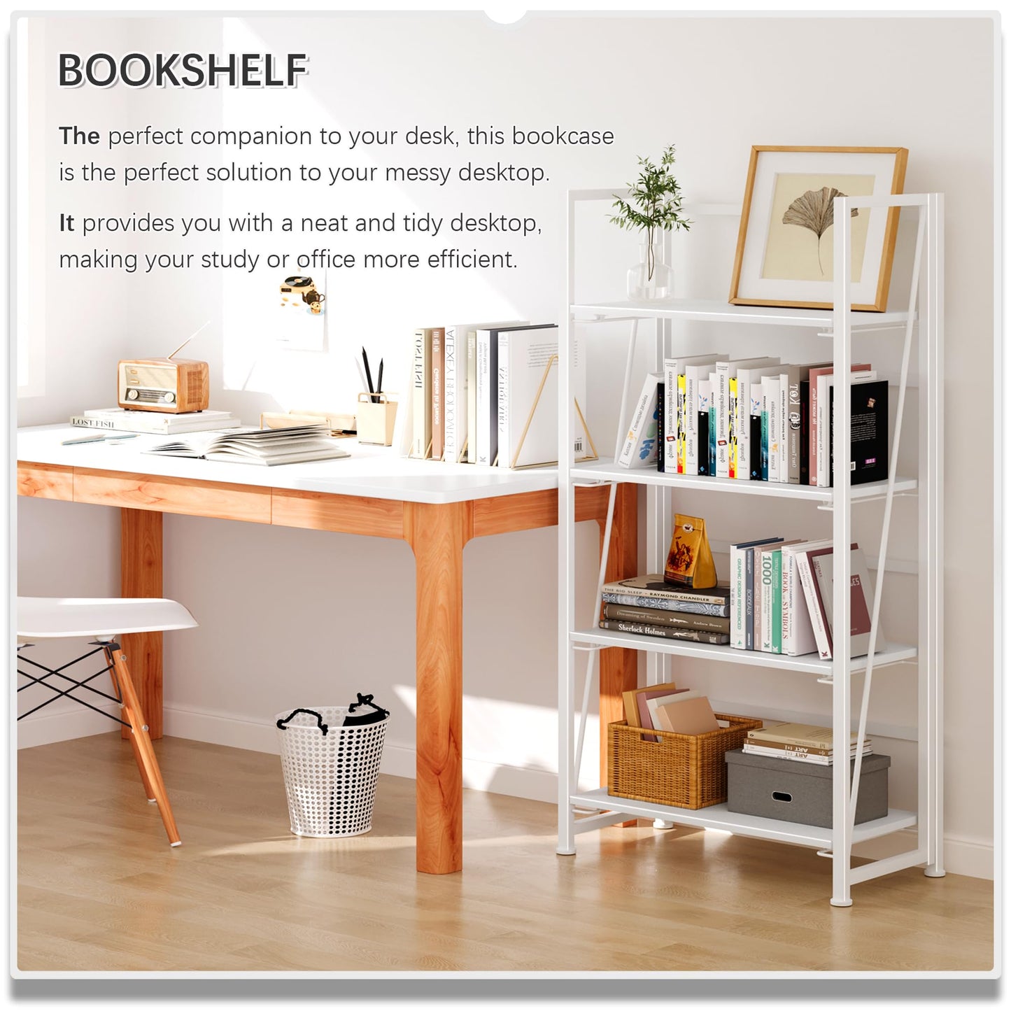 4NM No Assembly Folding Bookshelf Storage Shelves 4 Tiers Vintage Bookcase Standing Racks Study Organizer Home Office (All White)