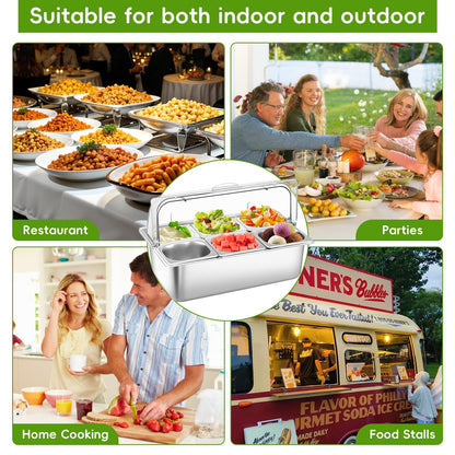 Countertop Food Serving Display Container with Clear Roll Top Cover, Stainless Steel Buffet Food Serving Tray, Condiment Serving Container Dispenser for Restaurant Kitchen Party(6 Compartments)