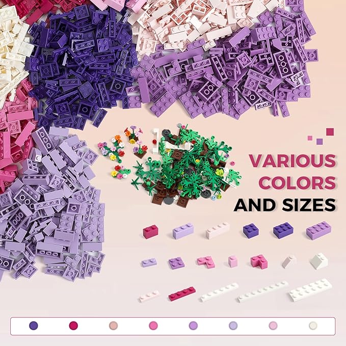 1800Pcs Building Bricks Classic Bulk Small Blocks Classic Building Bricks Set Basic Building Blocks(Pink Purple White)