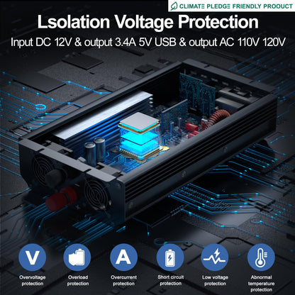3000W Power Inverter 12V DC to 110V/120V AC Converter, 6000W Peak, LCD Display & Remote Control, Dual AC Outlets & 3.4A USB Port for RV, Truck, Solar System, Emergency Backup, Camping & Off-Grid Power