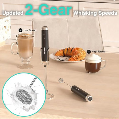 HAUSHOF Rechargeable Milk Frother Wand - Handheld Electric Foam Maker with 2 Whisks & Stand | Perfect for Lattes, Cappuccinos, Matcha