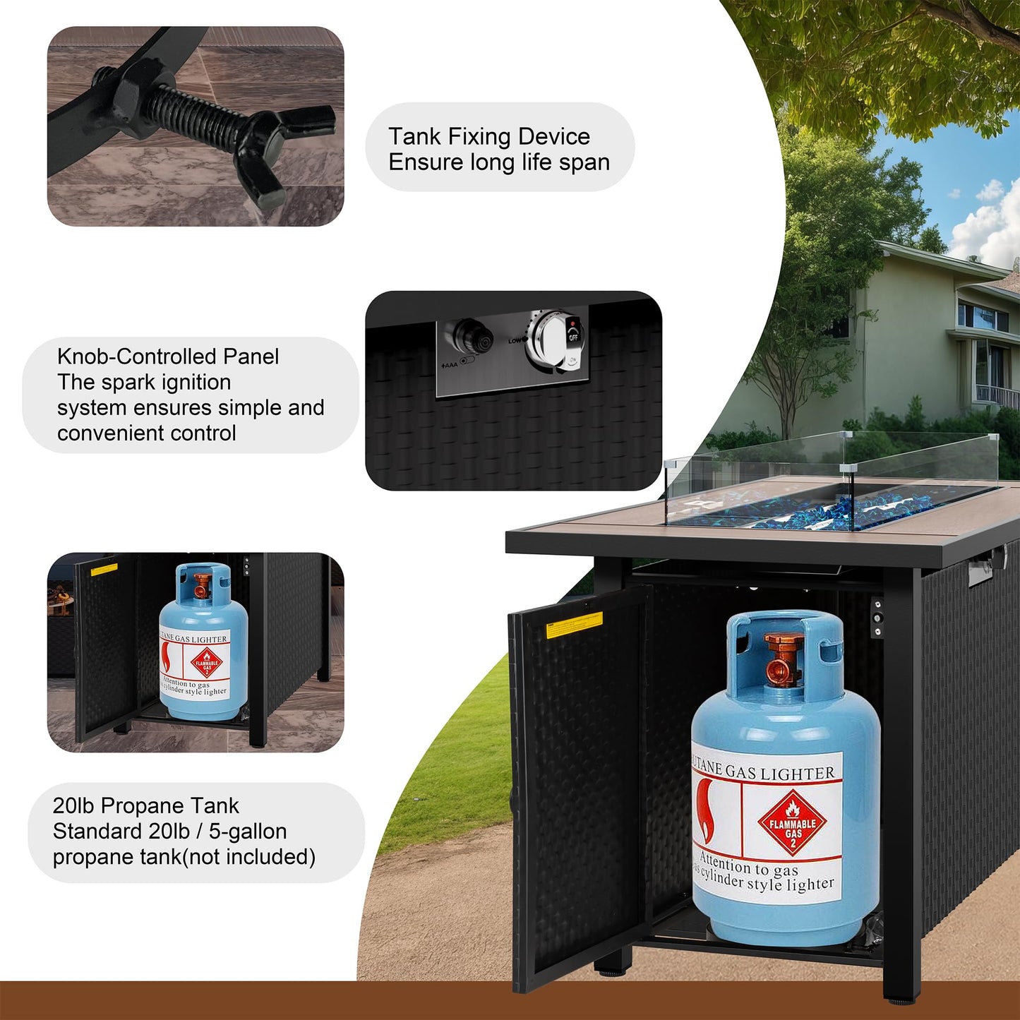 45 inch Propane Fire Pit Table, 50,000 BTU Outdoor Gas Fire Pit Table with Lid, Glass Wind Guard, Waterproof Cover, Rectangle Gas Firepit Table for Garden/Patio(Walunt)