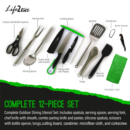 Life 2 Go 12 Pcs Camp Cooking Utensil Set & Outdoor Kitchen Gear Cookware Kit, Portable Compact Carry Case for Camping, Hiking, Travel, BBQ Grilling Stainless Steel Accessories Spoon & Fork, Navy