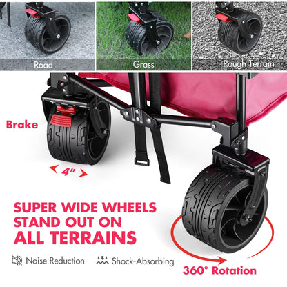 VILLEY Collapsible Folding Wagon with Big Wheels, Enlarged 225lbs Capacity, All Terrain Wagons Carts Heavy Duty Foldable, Portable Utility Garden Cart with 2 Cup Holders and Brake, Pink.