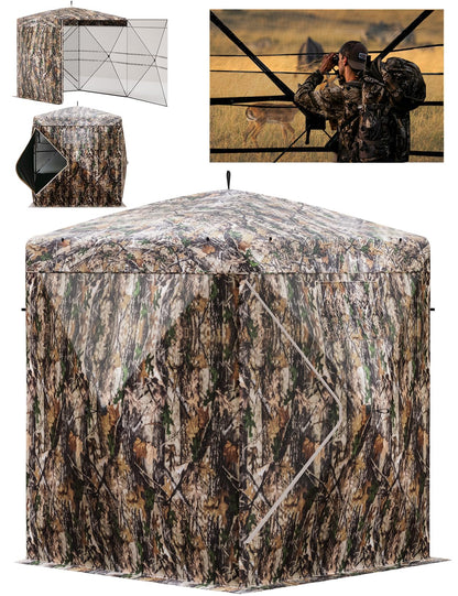 270° Camouflage Hunting Blind Portable Pop-Up Tent with Shoot-Through Mesh, Waterproof Ground Blind for Deer Hunting, 2-3 & 3-4 Person Capacity & Carry Bag (3-4 Person)