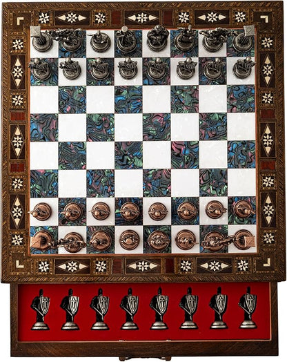15’’ Unique Handmade Chess Set – Handmade Wooden Storage Board with Metal Chess Pieces – Luxury Gift for Men and Collectors – Gift for Dad (Purple)