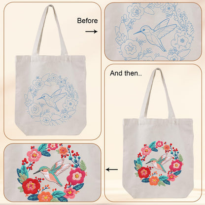 Louise Maelys Hummingbird Canvas Tote Bag Embroidery Kit for Beginners,Cross Stitch Kits for Adults, Arts Crafts Needlepoint Women Shopping Reusable Grocery Bags
