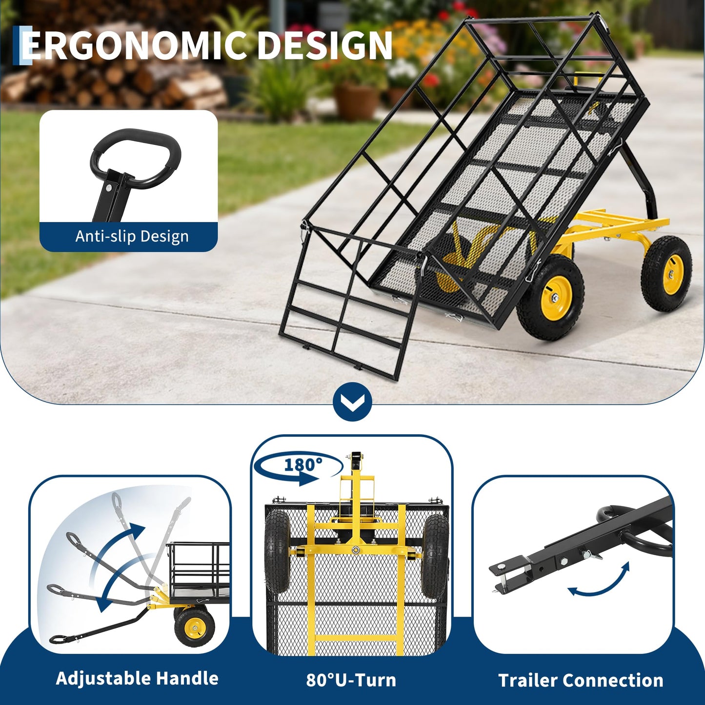 1500 lbs Steel Garden Cart, Folding Utility Wagon with Removable Sides, Garden Wagon Cart on Wheels, Dump Wagon with 13 in Tires180° and Swivel Handle, Yellow