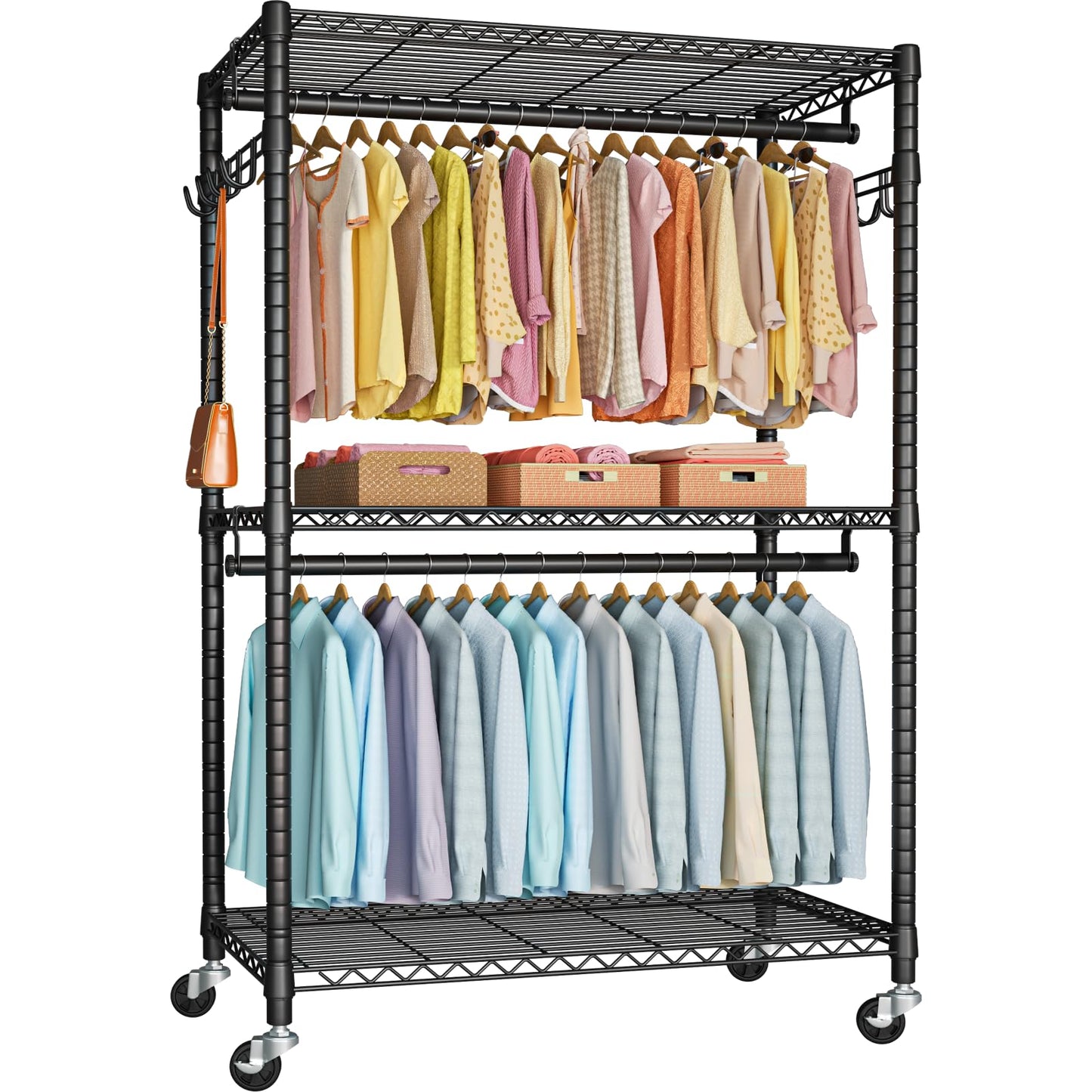 FUTASSI P1 Plus Rolling Clothes Rack, 22mm Diameter Heavy Duty Garment Rack with Wheels, Portable Closet Wardrobe with Double Rods, 45" W x 17.7" D x 80.5" H, Max Load 524 LBS, Black