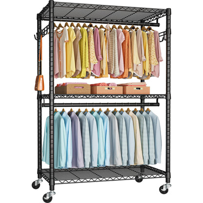 FUTASSI P1 Plus Rolling Clothes Rack, 22mm Diameter Heavy Duty Garment Rack with Wheels, Portable Closet Wardrobe with Double Rods, 45" W x 17.7" D x 80.5" H, Max Load 524 LBS, Black