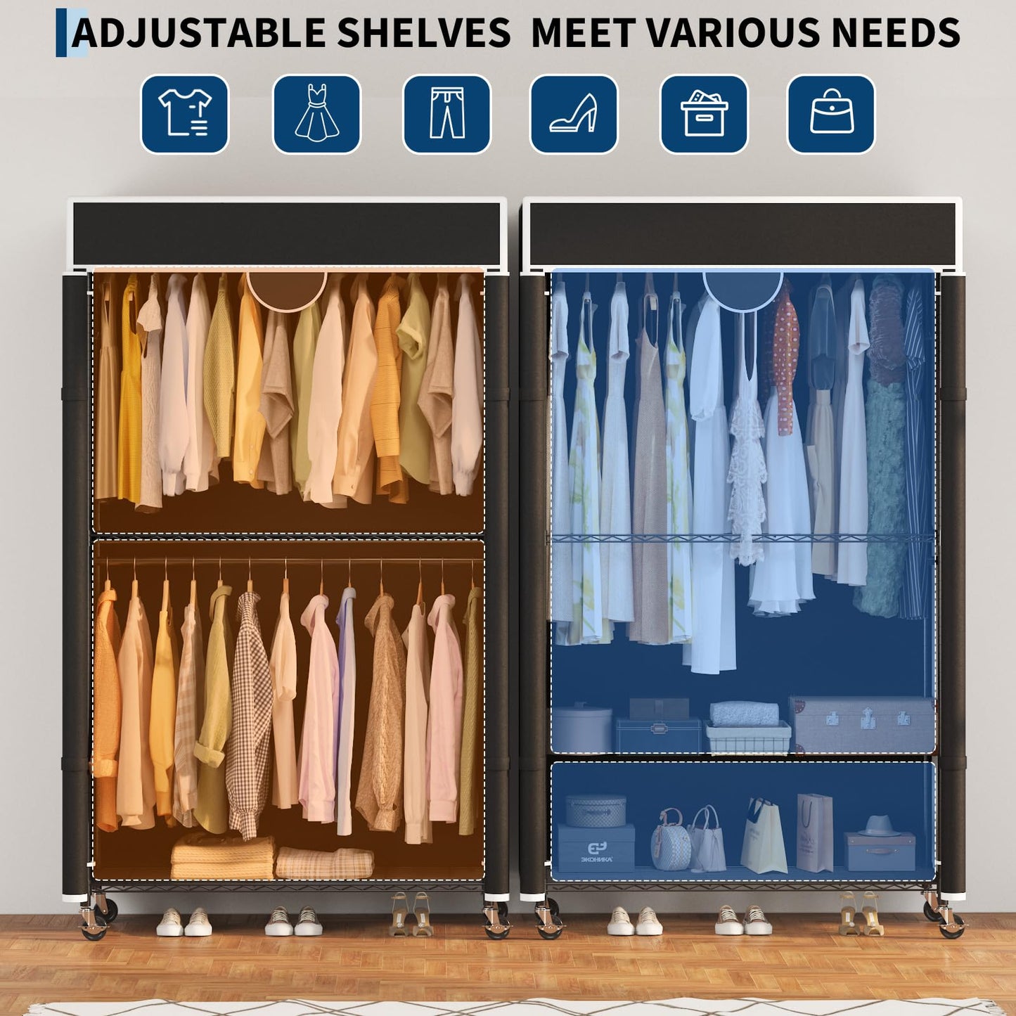 Heavy Duty Clothes Rack with Cover, 485LBS Capacity, Portable Closet Wardrobe on Wheels, Carbon Steel, Dustproof, Tool-Free Assembly, Clothes Racks for Hanging Clothes, for Bedroom, Laundry, Storage