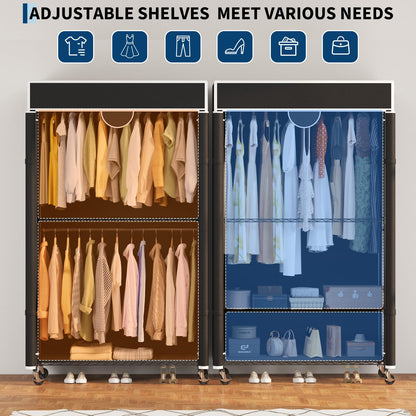 Heavy Duty Clothes Rack with Cover, 485LBS Capacity, Portable Closet Wardrobe on Wheels, Carbon Steel, Dustproof, Tool-Free Assembly, Clothes Racks for Hanging Clothes, for Bedroom, Laundry, Storage