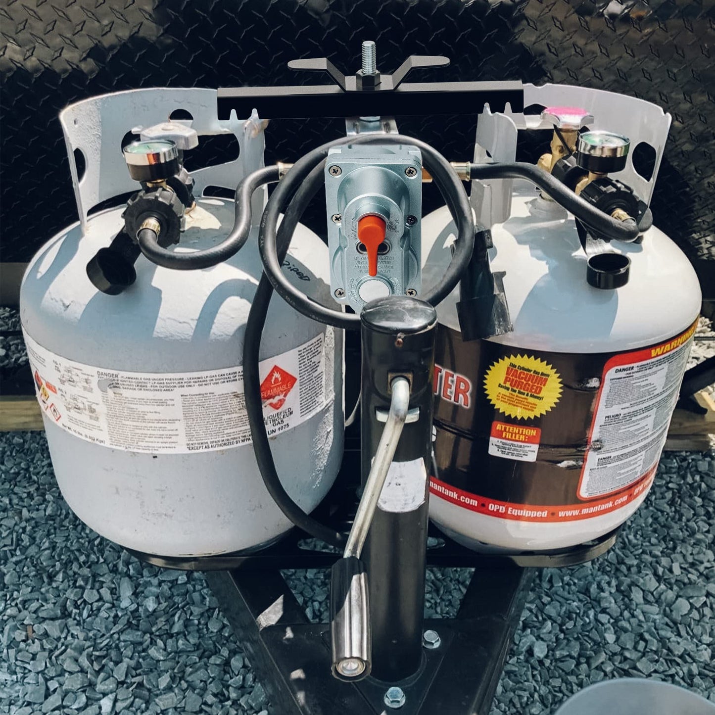 Skyflame 2-Stage Auto Changeover Propane Gas Rv Regulator Kit with 2PCS Gauges and Dual Propane Tank Mounting Rack for 40 lbs Tanks