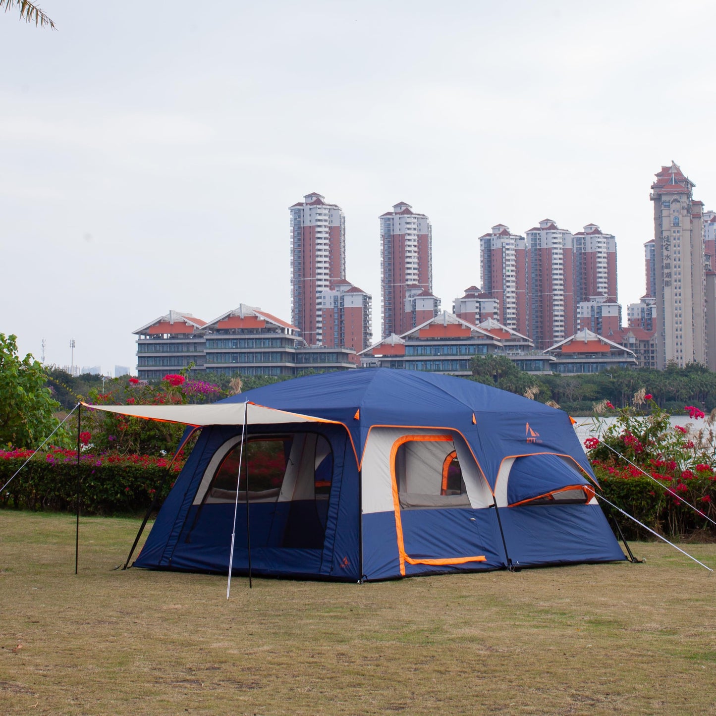 KTT Extra Large Tent 12 Person,Family Cabin Tents,2 Bay-Windows,2 Rooms and 3 Doors 3 Windows with Mesh,Waterproof,Straight Wall,Double Layer,Big Tent for Outdoor,Picnic,Camping(Dark Blue)