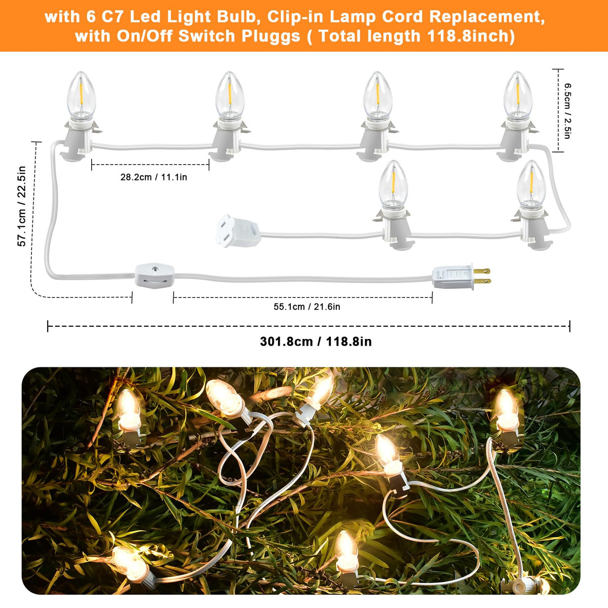 Wltotuay C7 LED Light Bulb Cord Clip Lights, 12 Bulbs, Brass, White, Model 6LED for Christmas and Party Decorations