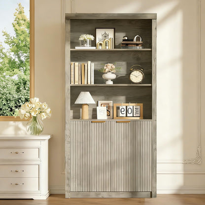 Modern Tall Book Shelf and Bookcase, 31.5"Wide Bookshelf with Doors, Farmhouse Book Case with Adjustable Top Shelf, Wood Storage Cabinet with 5 Tier Display Shelves for Home Office, Living Room,Grey