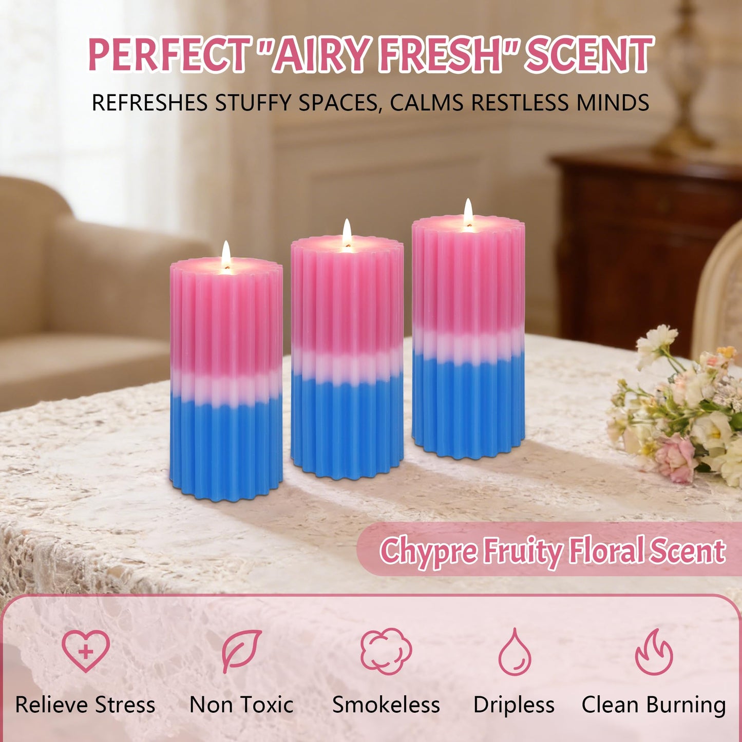 Ribbed Pillar Candles Set of 3 Width 3" High 6" 100% Cotton Core Paraffin Wax Floral & Fruity Scented Candles for Bathroom Living Room Home Decor, 70H+ Long Burning Time|1PC Aromatherapy Candle